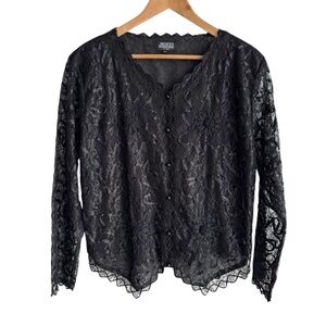 Vintage Full Lace Evening Jacket Sz XL Black Sheer Long Sleeve Party Cocktail
